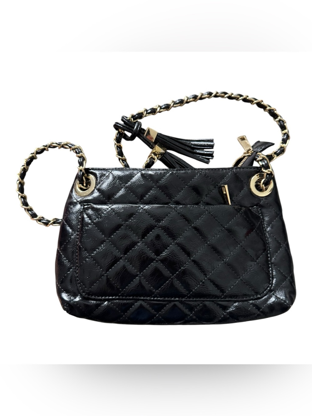Gianni Bini Black Quilted Patent Crossbody Bag Gold Chain Tassel